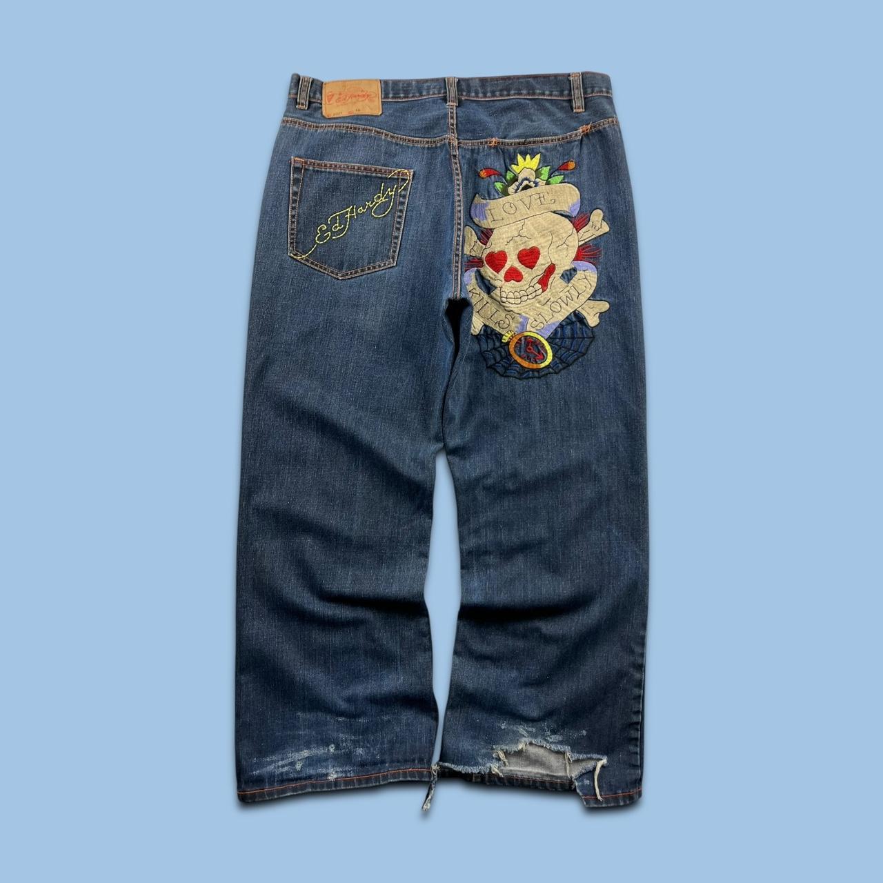 VINTAGE Y2K ED HARDY HIP HOP EMBROIDERED WIDE LEG BAGGY SKATE JEANS BLUE