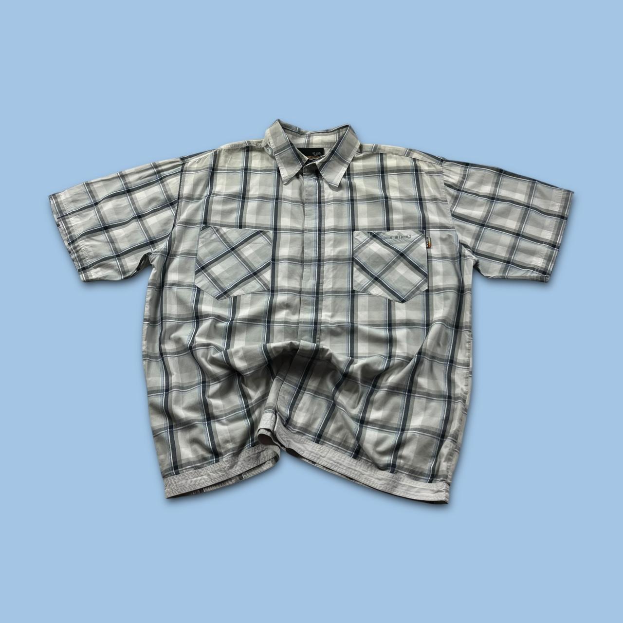 VINTAGE Y2K ANIMAL PLAID CHECKERED SHORT SLEEVE SHIRT WHITE BLUE