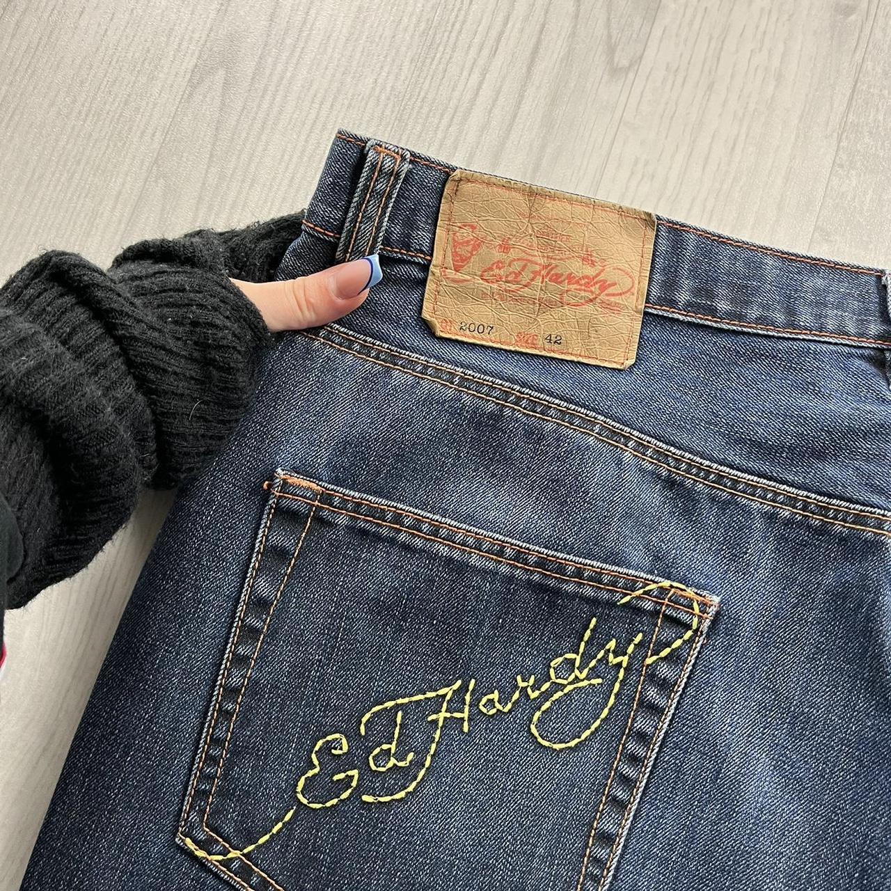 VINTAGE Y2K ED HARDY HIP HOP EMBROIDERED WIDE LEG BAGGY SKATE JEANS BLUE