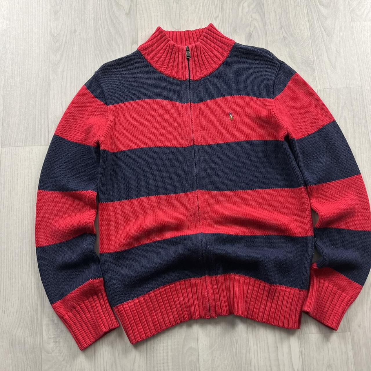 VINTAGE Y2K POLO RALPH LAUREN CHUNKY STRIPED ZIP KNITTED JUMPER NAVY RED