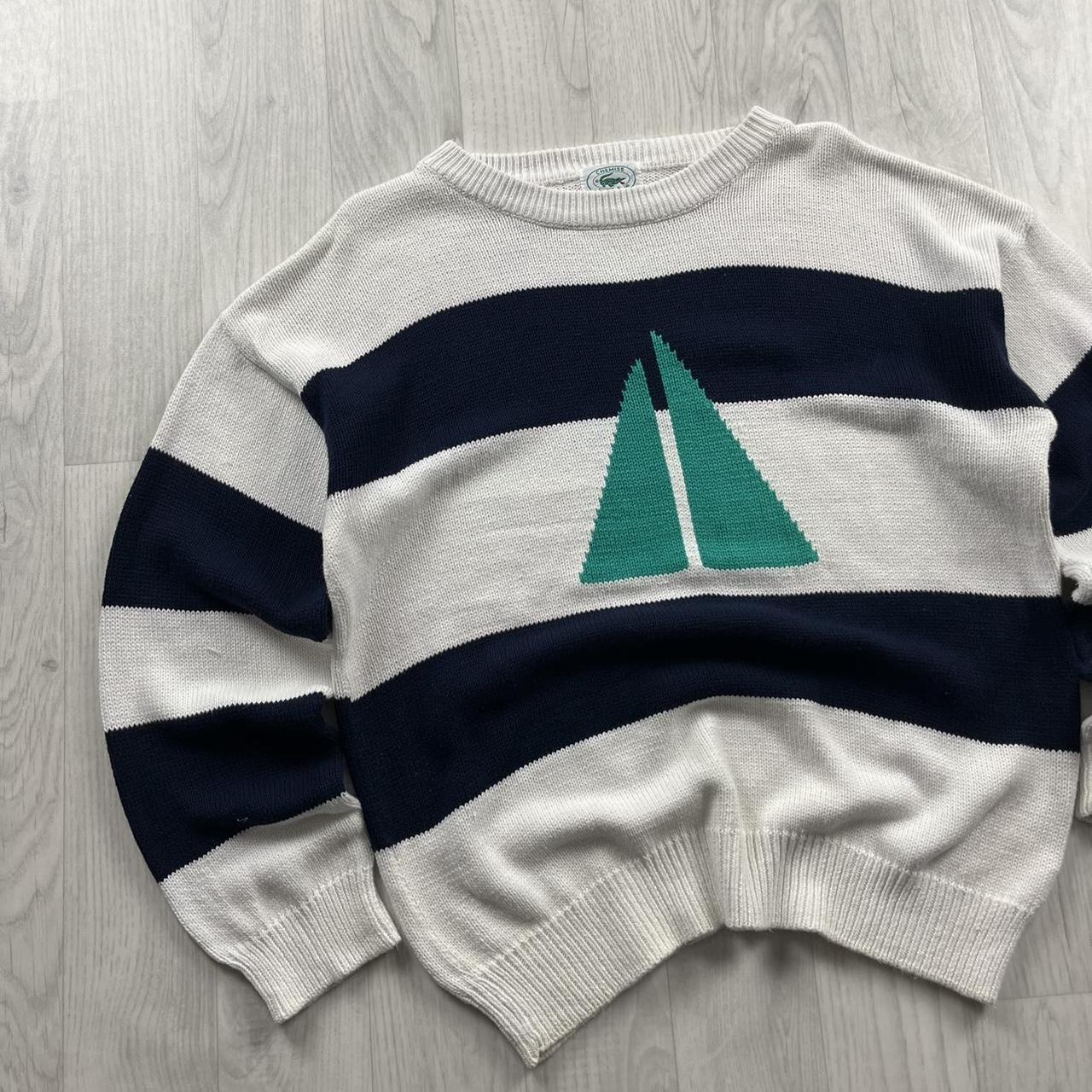 VINTAGE Y2K LACOSTE CHUNKY STRIPED KNITTED JUMPER WHITE NAVY