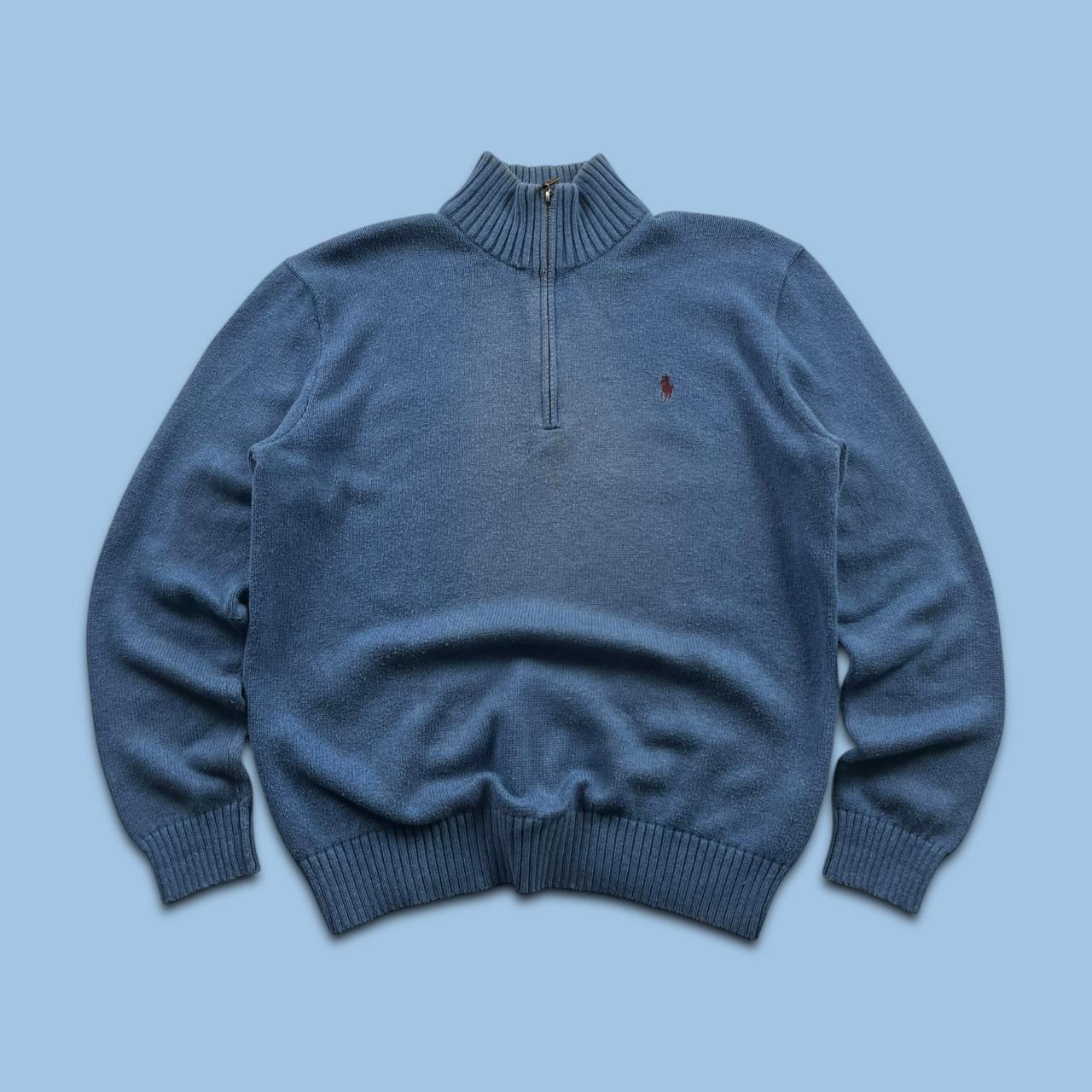 VINTAGE Y2K POLO RALPH LAUREN CHUNKY QUARTER ZIP KNITTED JUMPER BLUE