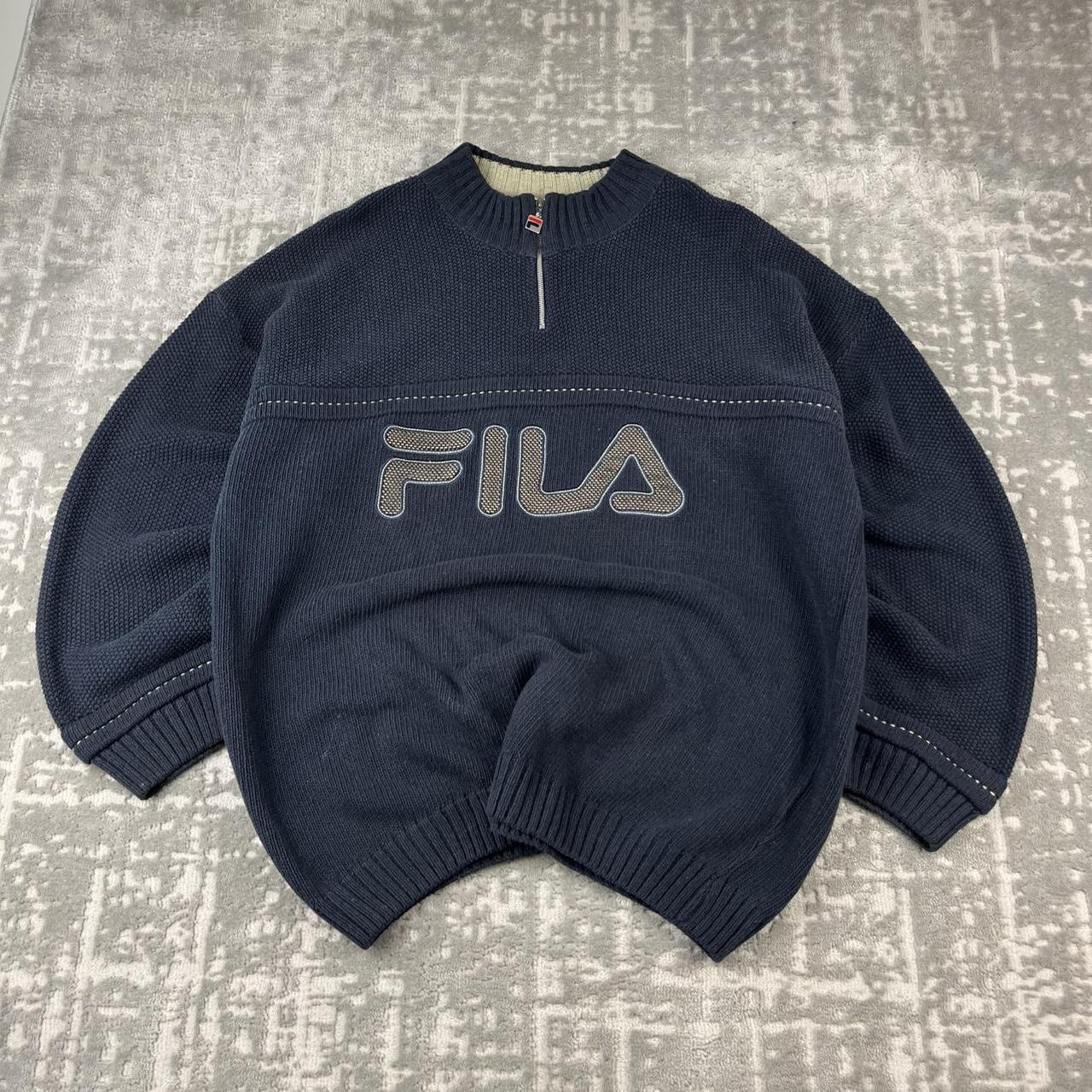 VINTAGE Y2K FILA QUARTER ZIP HEAVY KNITTED JUMPER NAVY