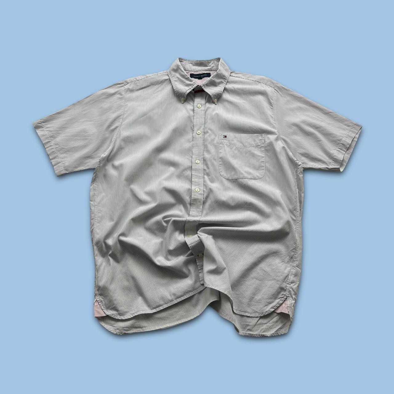 VINTAGE Y2K TOMMY HILFIGER STRIPED SHORT SLEEVE SHIRT WHITE