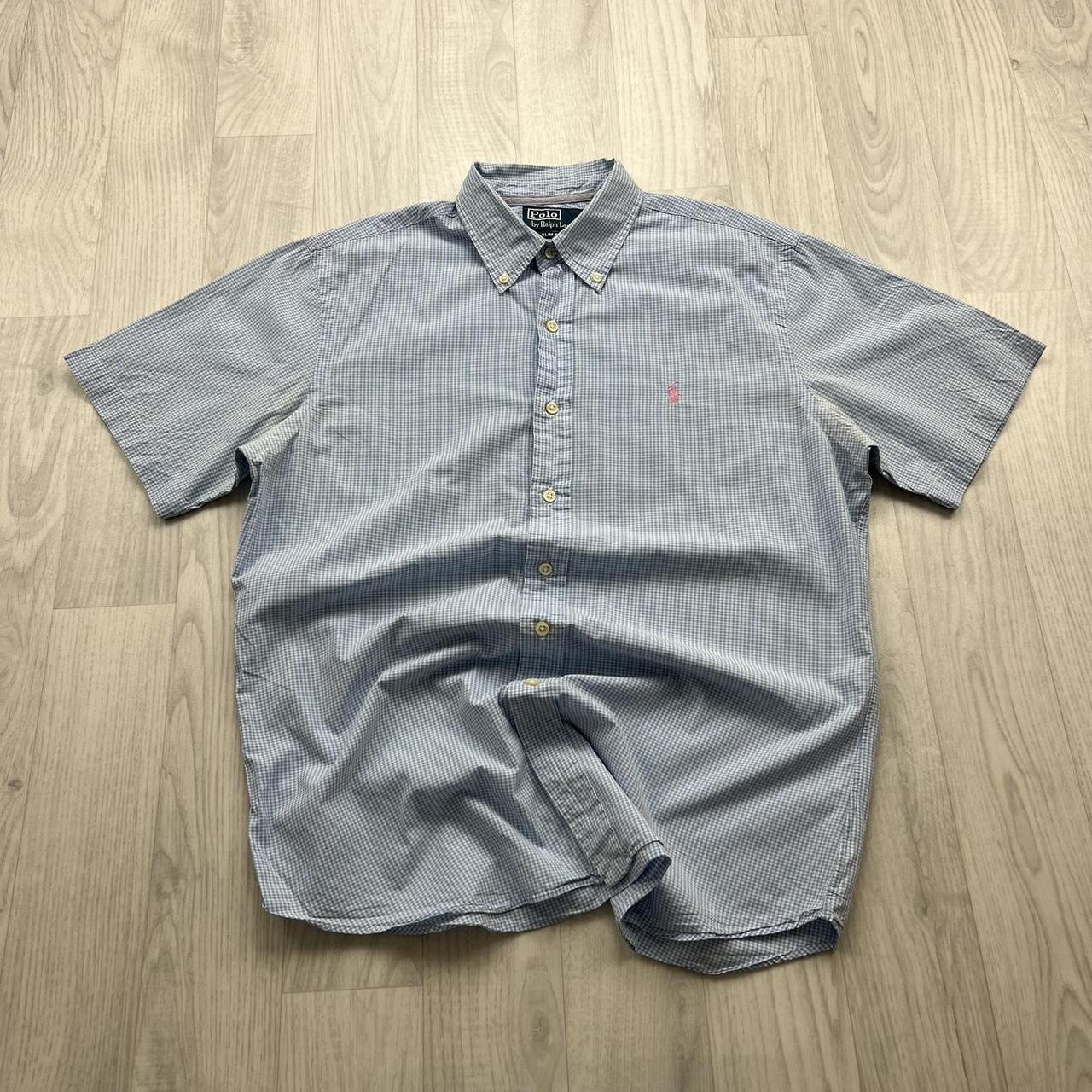 VINTAGE Y2K RALPH LAUREN CHECKERED BUTTON UP SHORT SLEEVE SHIRT BLUE