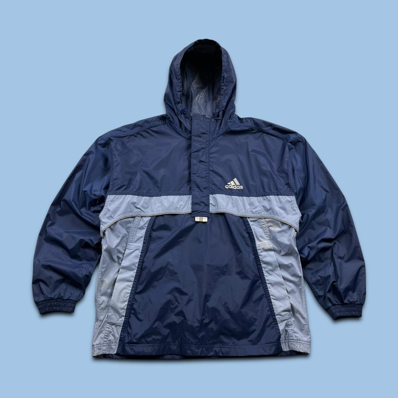 VINTAGE 90s ADIDAS QUARTER ZIP WIND BREAKER HOODED JACKET NAVY