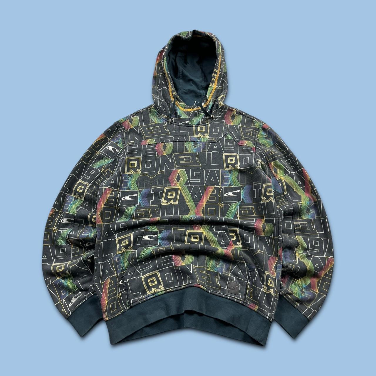 VINTAGE Y2K O’NEILL GRAPHIC ALL OVER PRINT HOODIE FADED BLACK