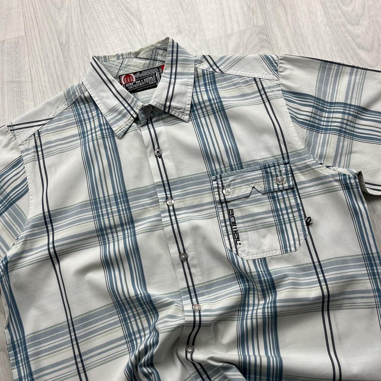 VINTAGE Y2K ANIMAL PLAID SHORT SLEEVE BUTTON SHIRT WHITE / BLUE