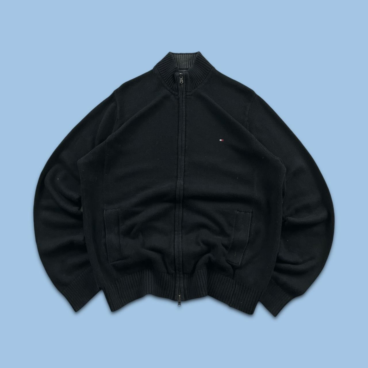 VINTAGE Y2K TOMMY HILFIGER ZIP KNITTED JUMPER BLACK (XL)