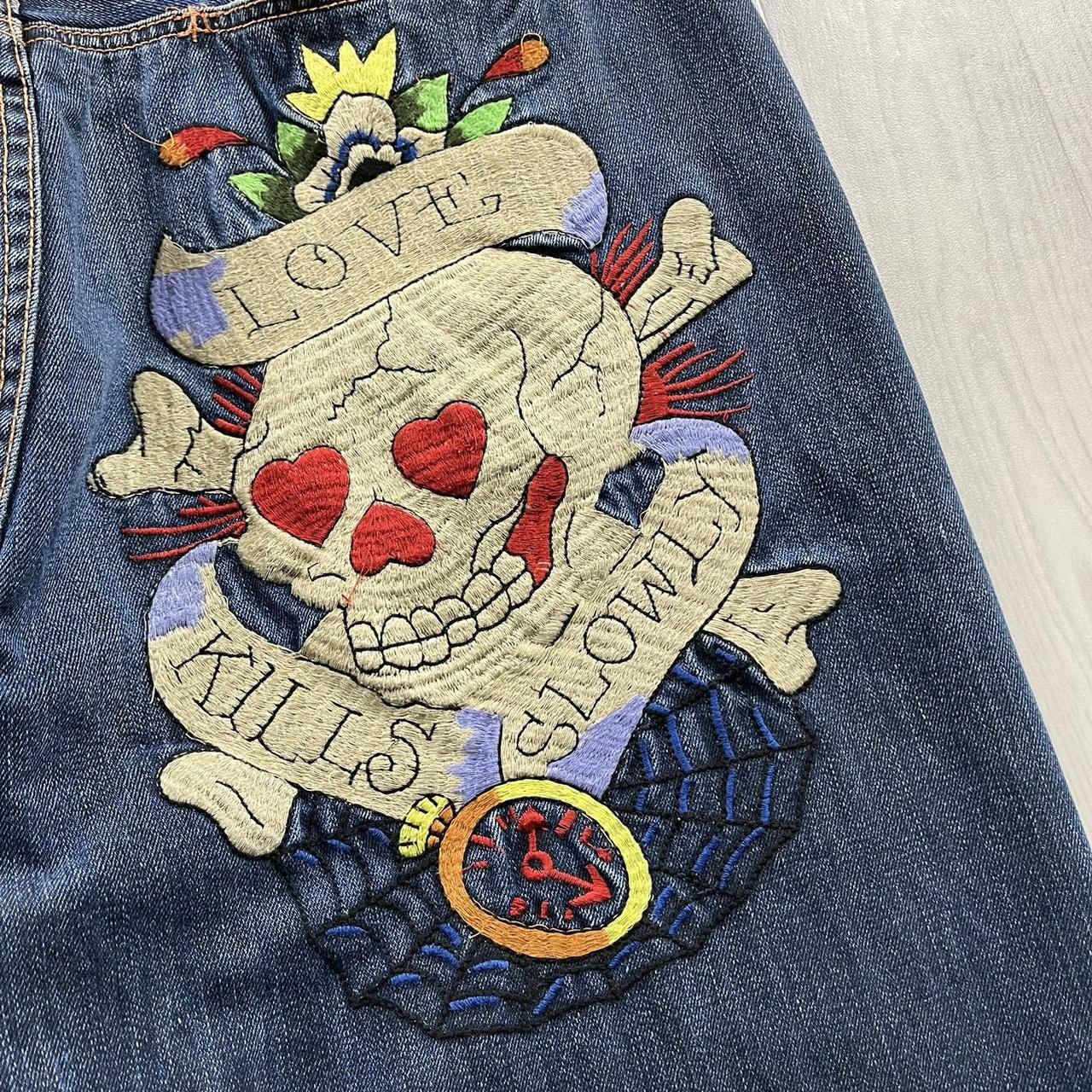 VINTAGE Y2K ED HARDY HIP HOP EMBROIDERED WIDE LEG BAGGY SKATE JEANS BLUE