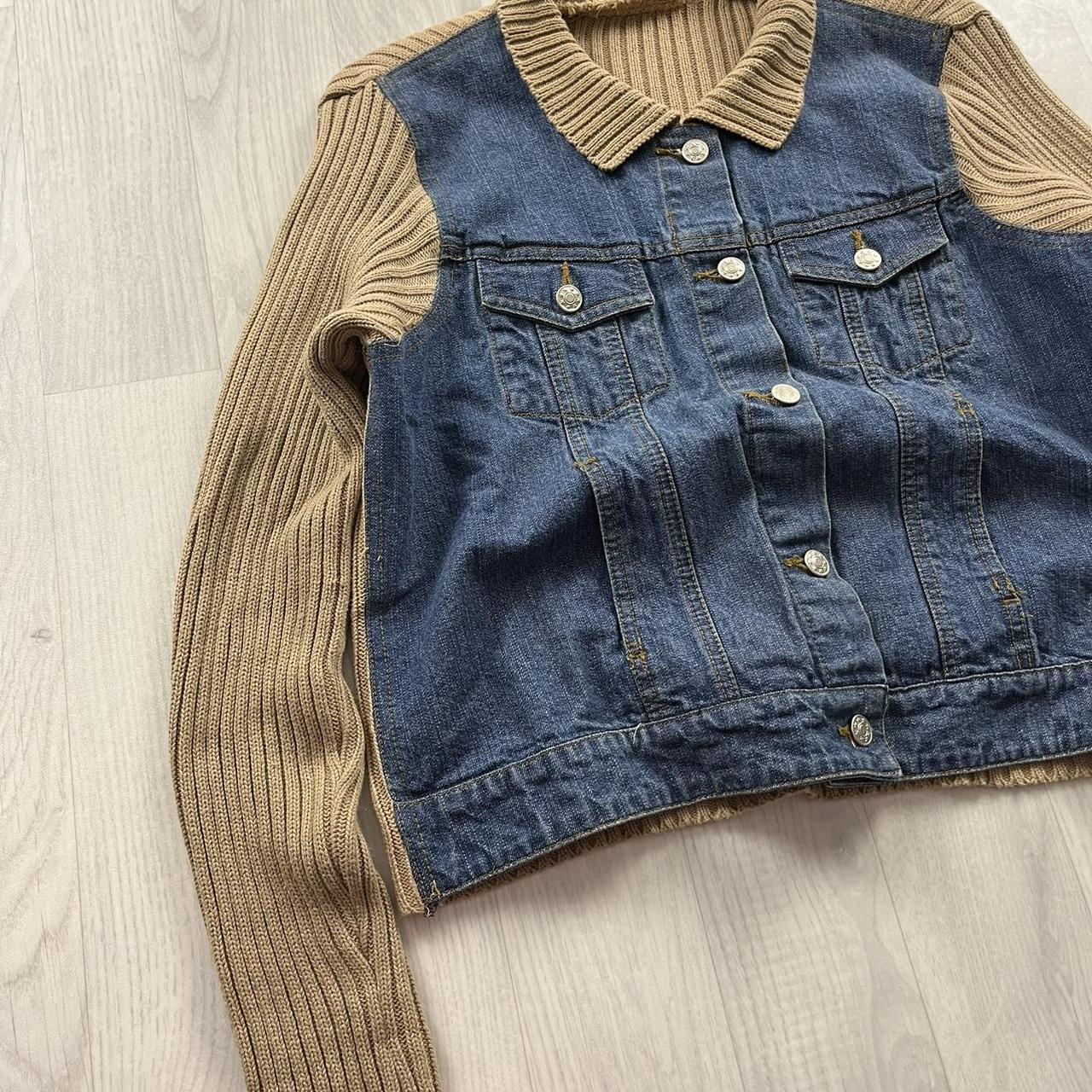 VINTAGE Y2K DENIM RIBBED SLEEVE JACKET BLUE BEIGE (L)