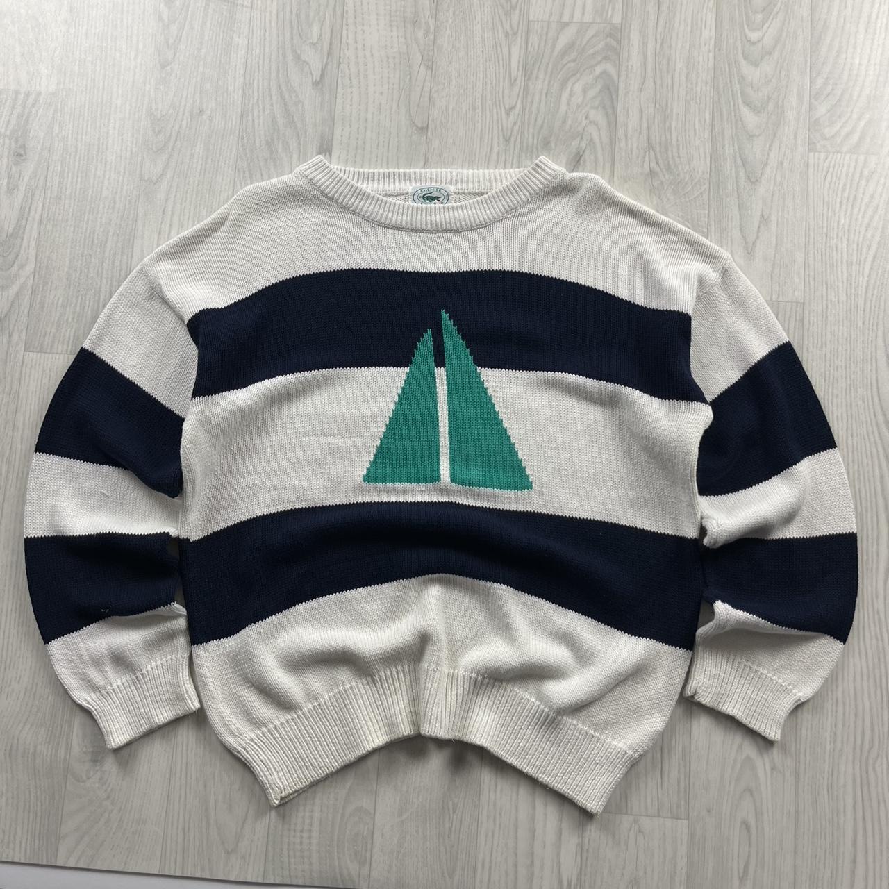 VINTAGE Y2K LACOSTE CHUNKY STRIPED KNITTED JUMPER WHITE NAVY