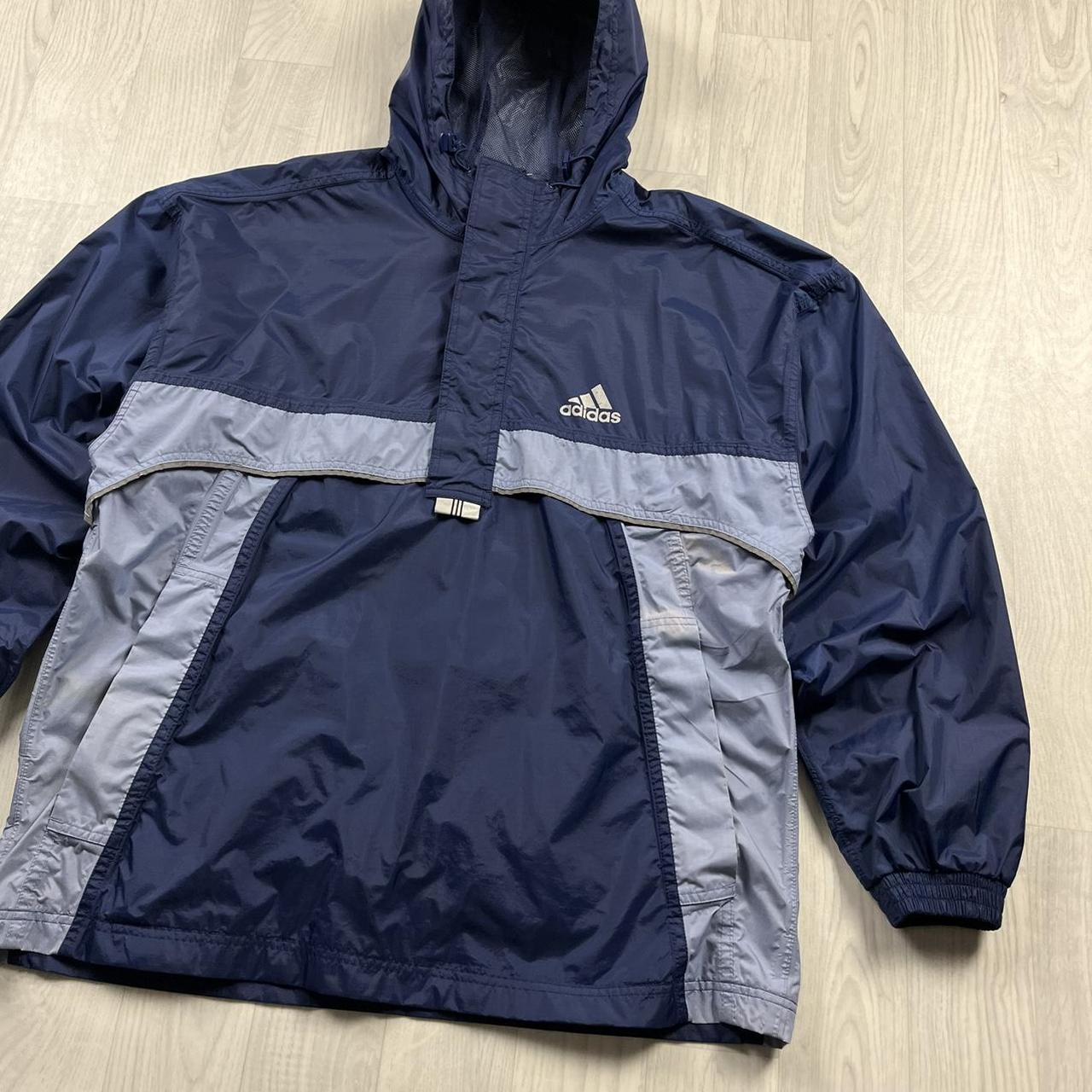 VINTAGE 90s ADIDAS QUARTER ZIP WIND BREAKER HOODED JACKET NAVY
