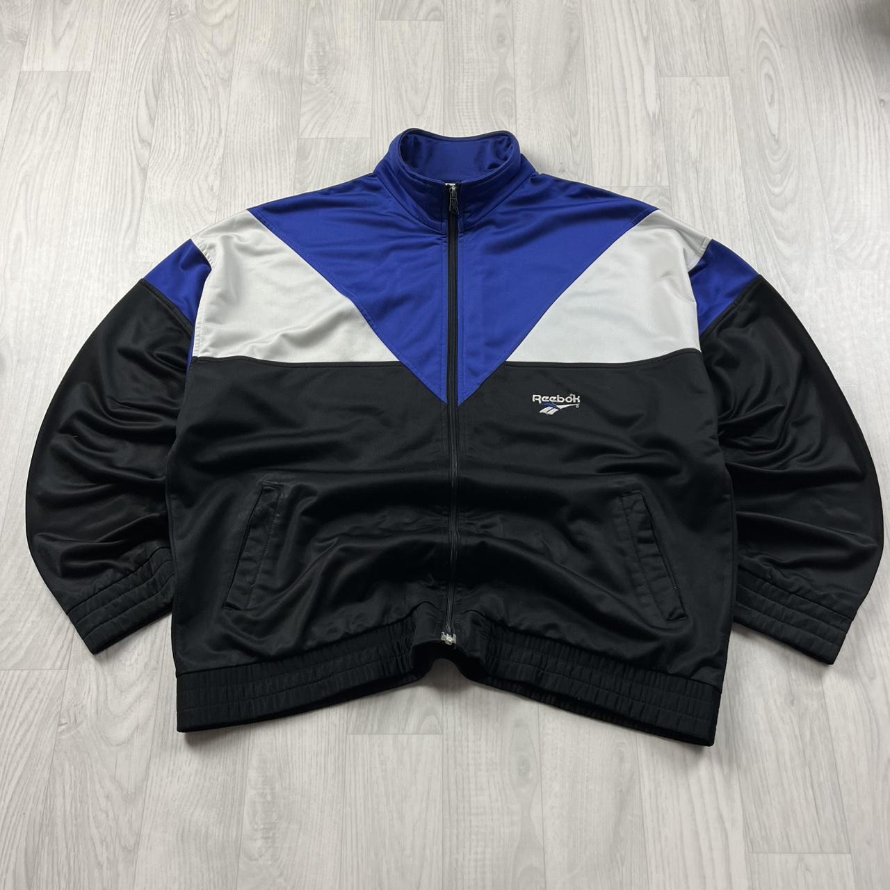 VINTAGE 90s REEBOK ZIP UP TRACK JACKET BLACK BLUE