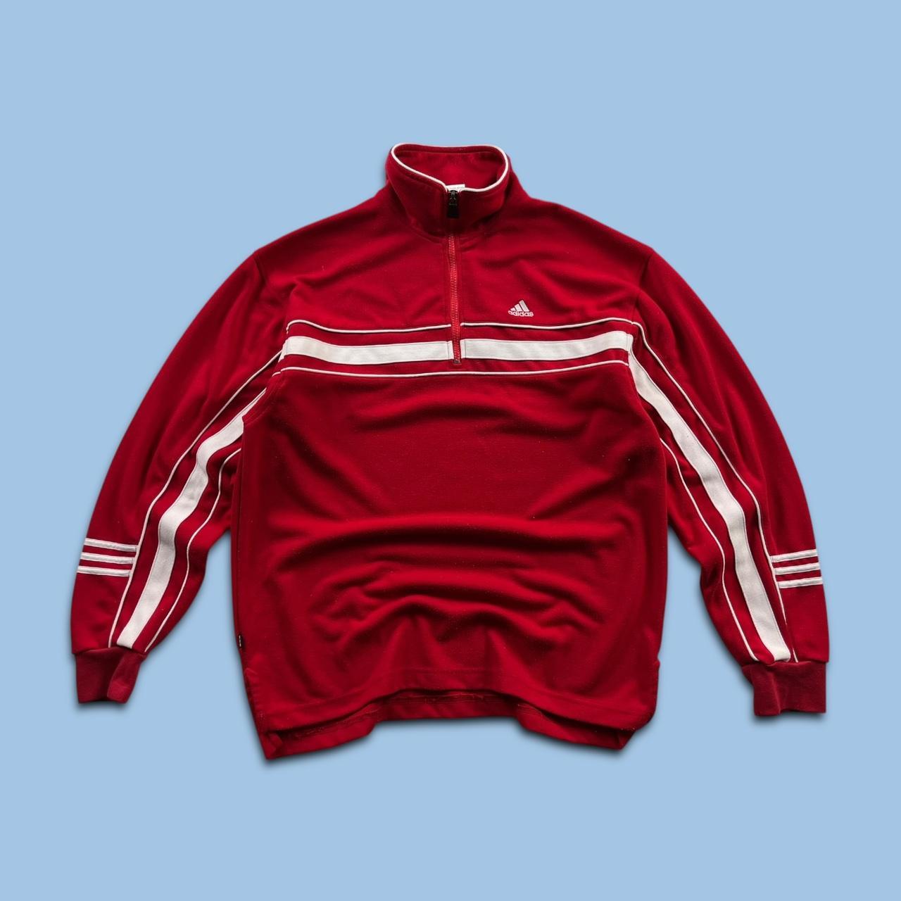 VINTAGE Y2K ADIDAS QUARTER ZIP STRIPED SWEATSHIRT RED WHITE