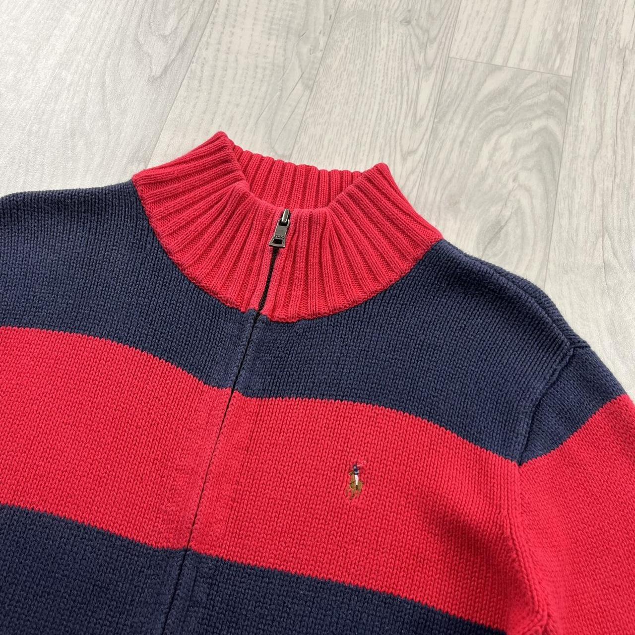 VINTAGE Y2K POLO RALPH LAUREN CHUNKY STRIPED ZIP KNITTED JUMPER NAVY RED