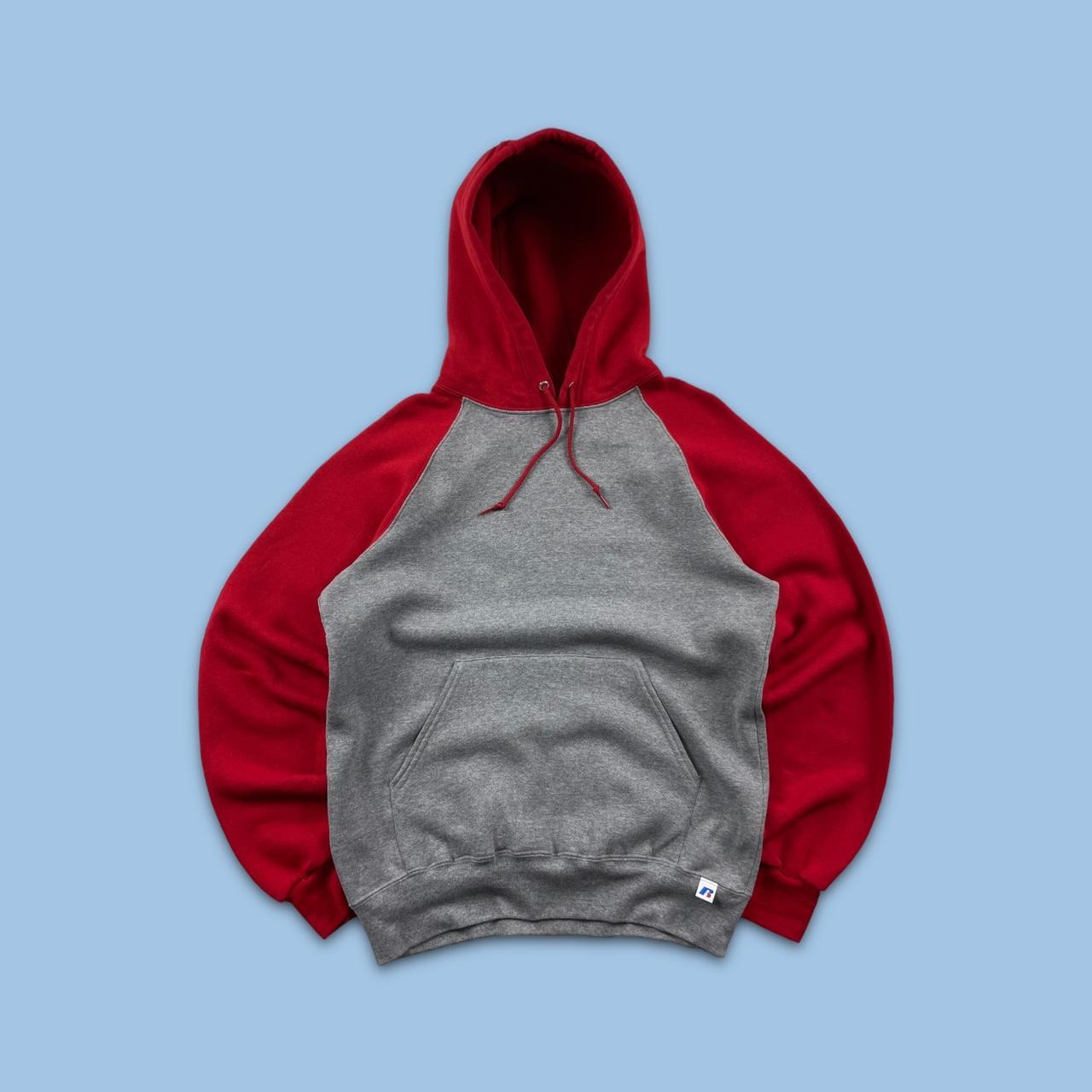VINTAGE RUSSELL ATHLETIC BLANK HOODIE RED GREY (M)