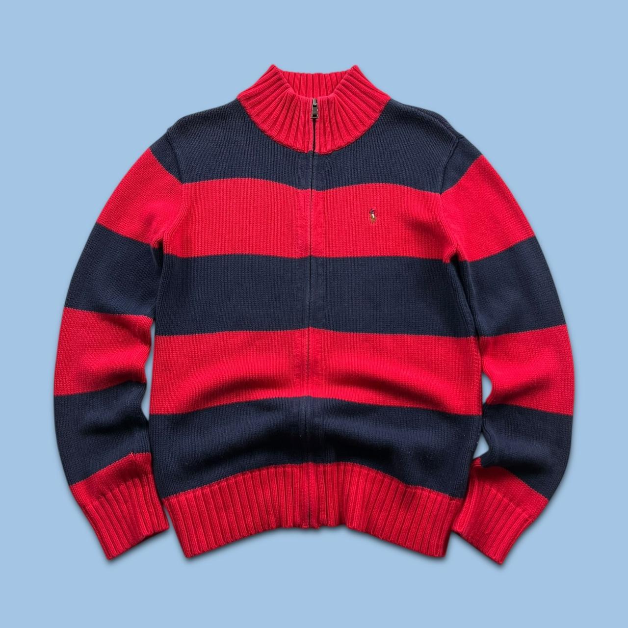 VINTAGE Y2K POLO RALPH LAUREN CHUNKY STRIPED ZIP KNITTED JUMPER NAVY RED