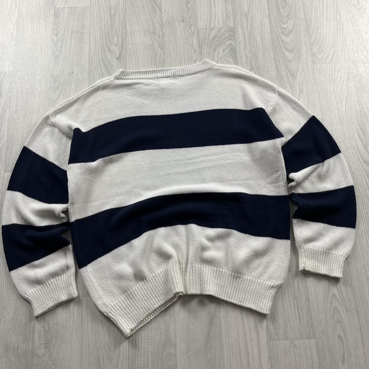 VINTAGE Y2K LACOSTE CHUNKY STRIPED KNITTED JUMPER WHITE NAVY