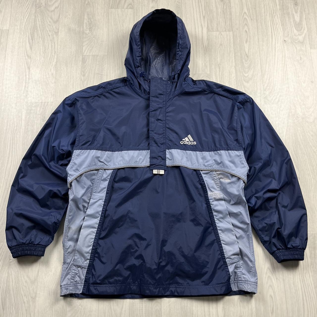 VINTAGE 90s ADIDAS QUARTER ZIP WIND BREAKER HOODED JACKET NAVY