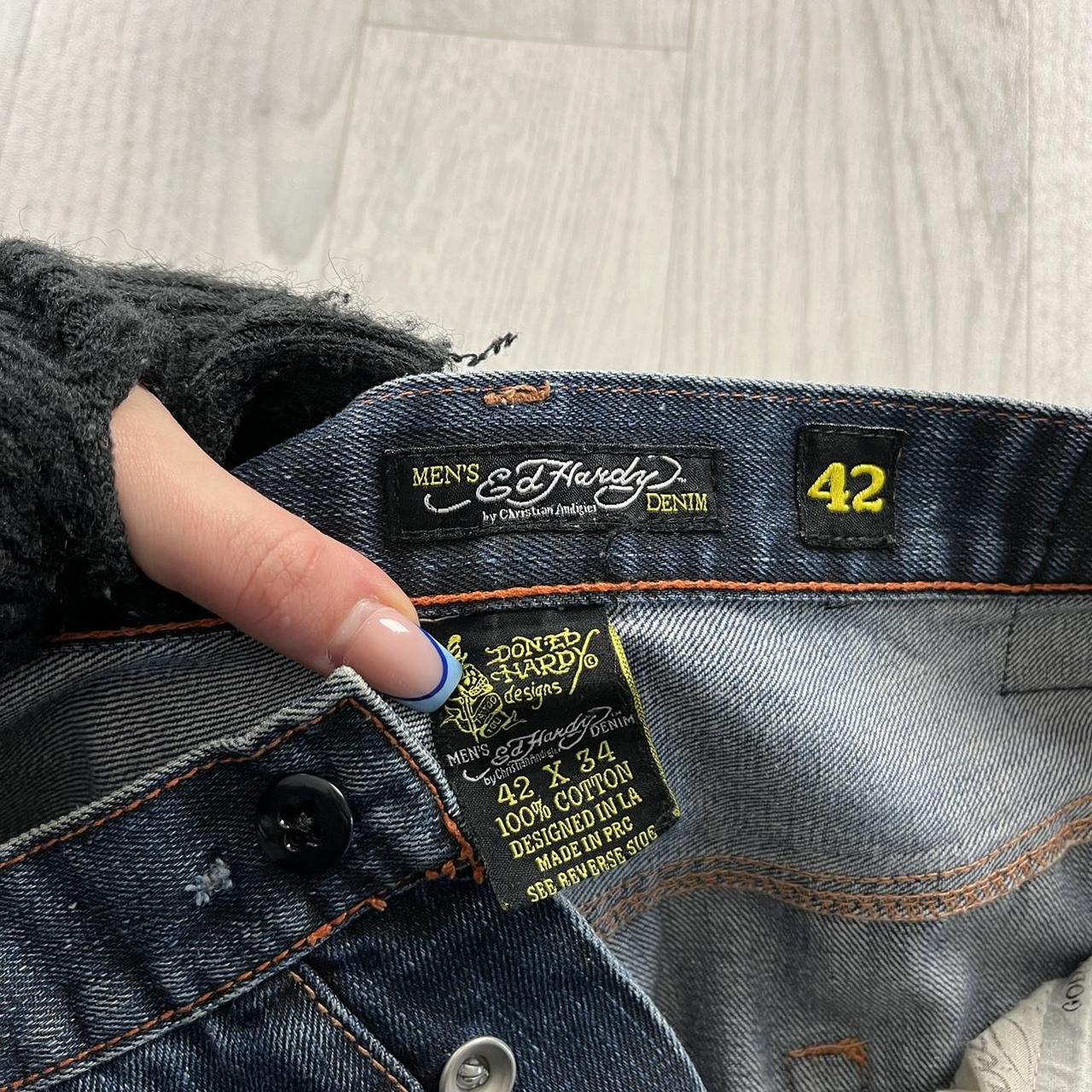 VINTAGE Y2K ED HARDY HIP HOP EMBROIDERED WIDE LEG BAGGY SKATE JEANS BLUE
