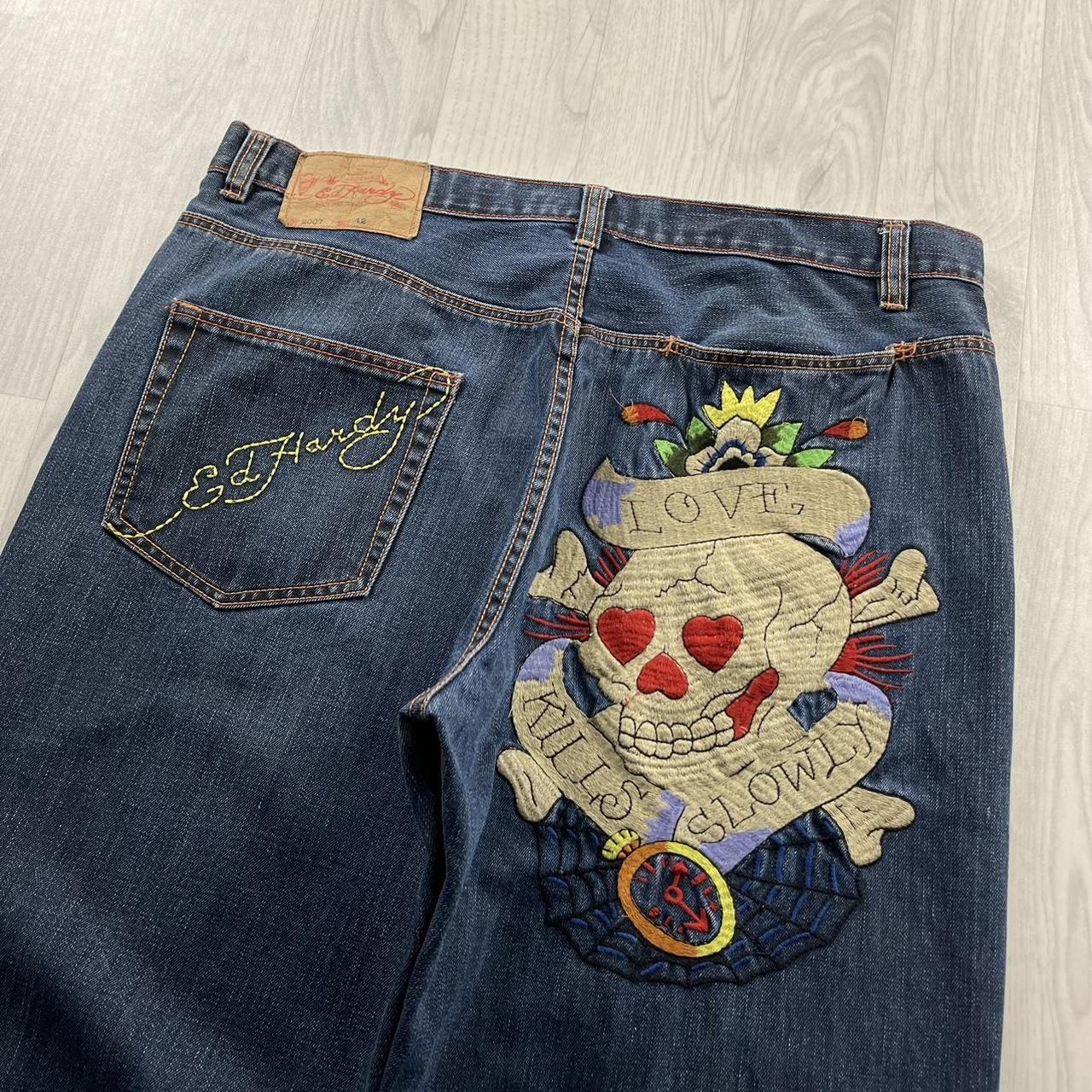 VINTAGE Y2K ED HARDY HIP HOP EMBROIDERED WIDE LEG BAGGY SKATE JEANS BLUE