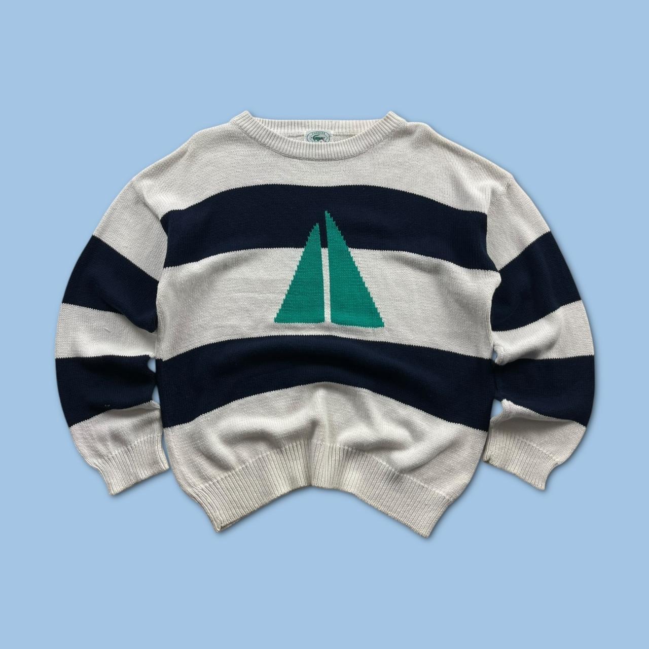 VINTAGE Y2K LACOSTE CHUNKY STRIPED KNITTED JUMPER WHITE NAVY
