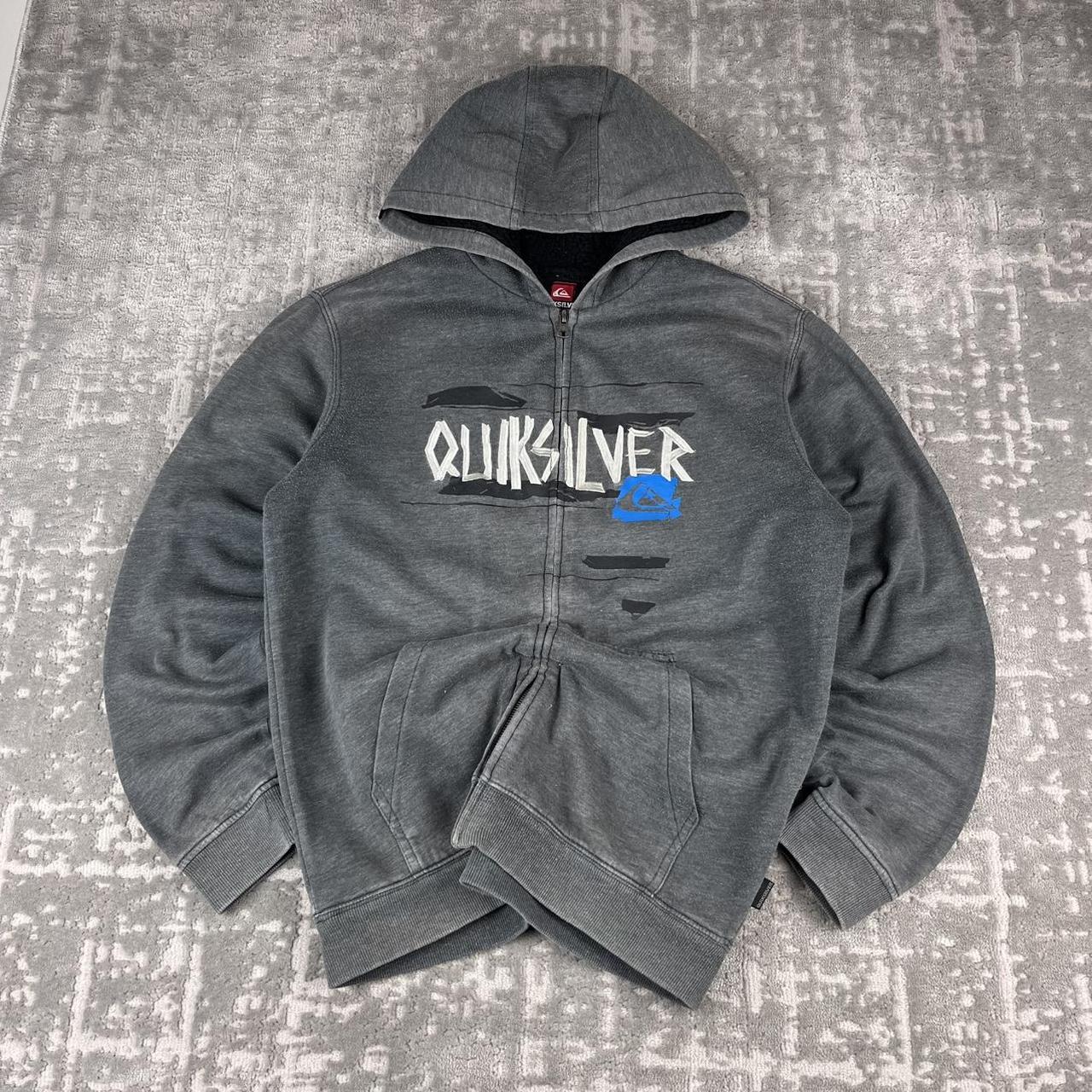 VINTAGE Y2K QUIKSILVER GRAPHIC FLEECE LINED ZIP UP HOODIE GREY