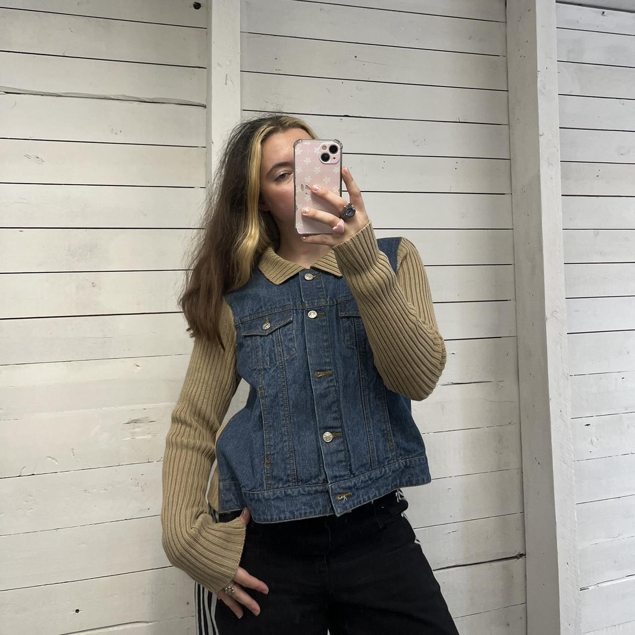 VINTAGE Y2K DENIM RIBBED SLEEVE JACKET BLUE BEIGE (L)