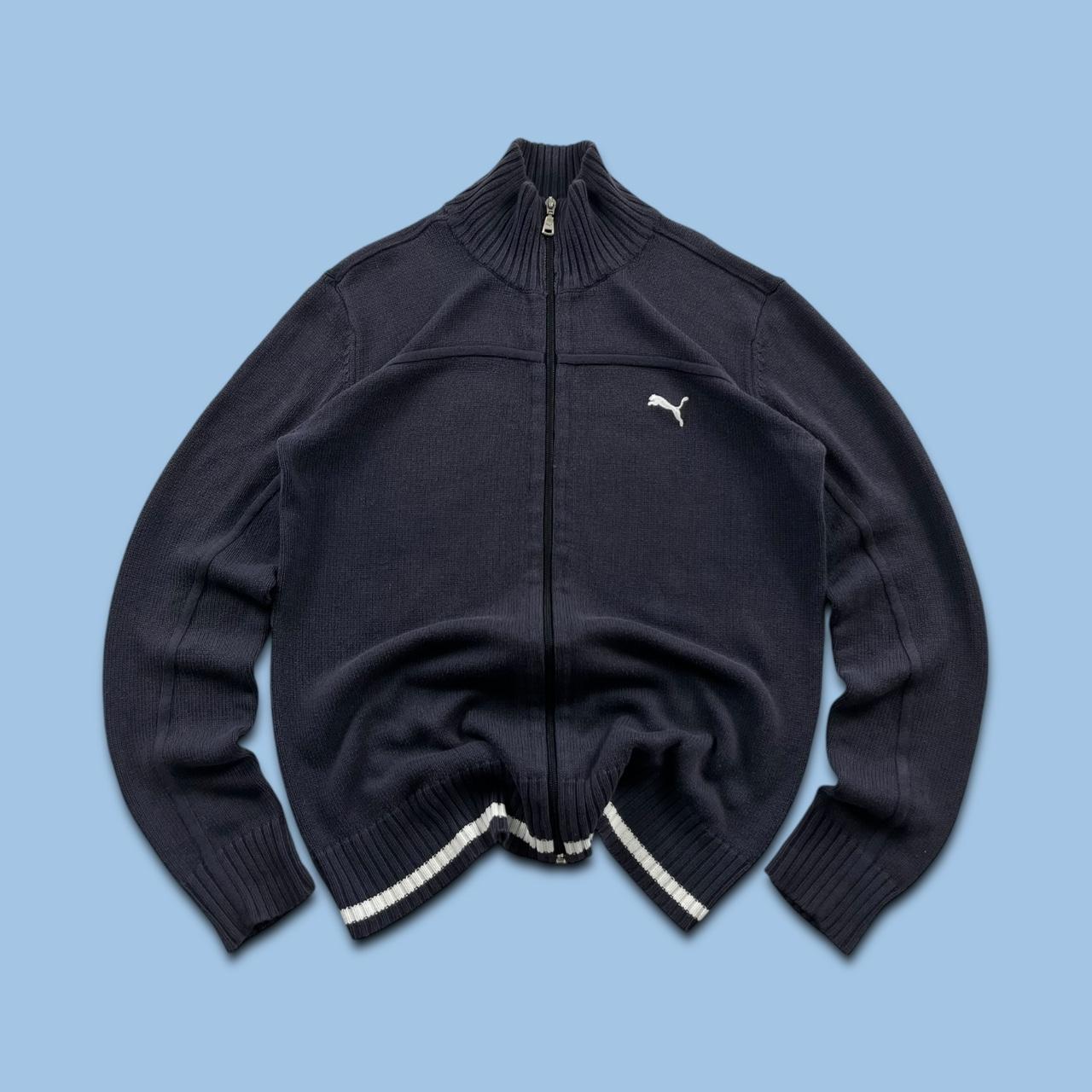 VINTAGE Y2K PUMA CHUNKY KNITTED ZIP JUMPER NAVY