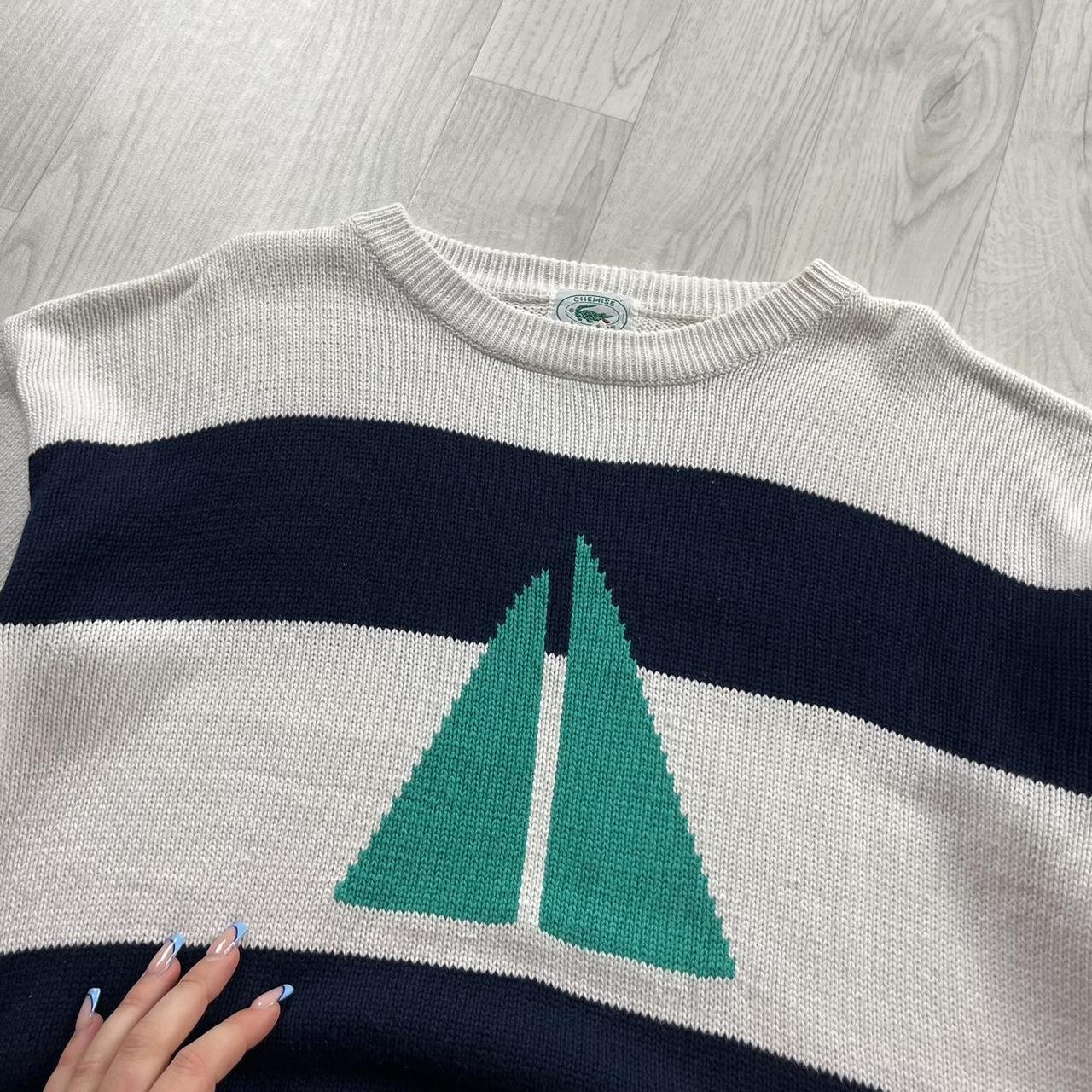 VINTAGE Y2K LACOSTE CHUNKY STRIPED KNITTED JUMPER WHITE NAVY