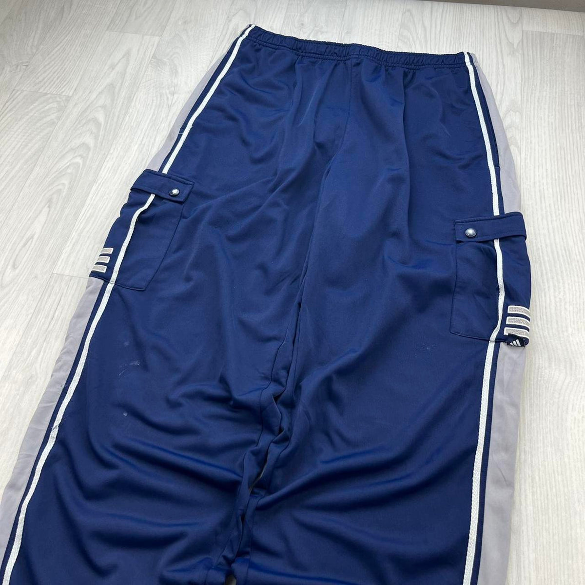 VINTAGE Y2K ADIDAS SIDE STRIPE CARGO BAGGY TRACKSUIT BOTTOMS NAVY