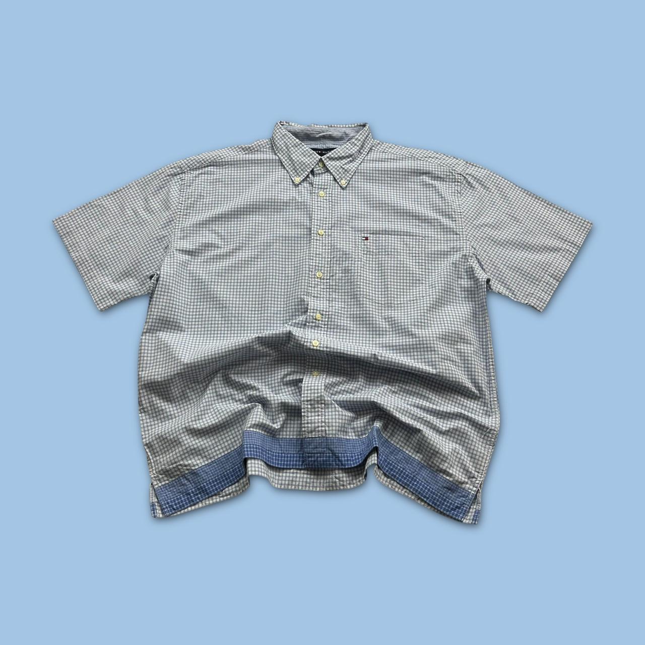 VINTAGE Y2K TOMMY HILFIGER GINGHAM SHORT SLEEVE BUTTON UP SHIRT LIGHT BLUE