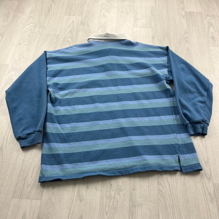 VINTAGE Y2K ROC STRIPED LONG SLEEVE RUGBY POLO SHIRT BLUE