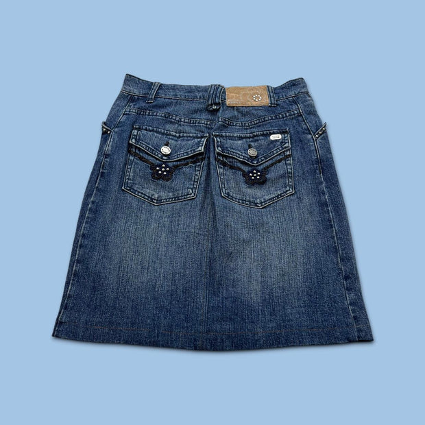 VINTAGE Y2K AMICHI JEANS DENIM MIDI EMBROIDERED SKIRT BLUE