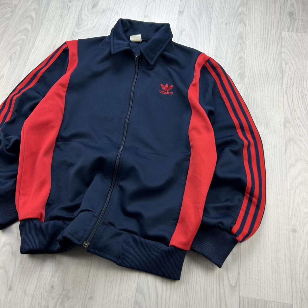 VINTAGE 80s ADIDAS ZIP UP TRACK JACKET NAVY / RED