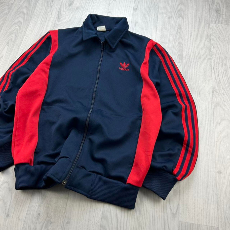 VINTAGE 80s ADIDAS ZIP UP TRACK JACKET NAVY / RED