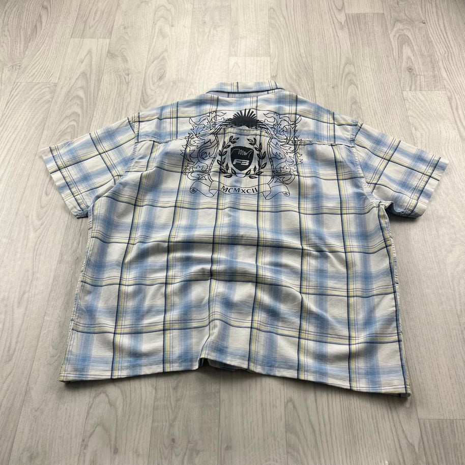 VINTAGE 00s FISHBONE CHECKERED CROPPED SHORT SLEEVE BUTTON UP SHIRT WHITE BLUE