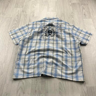 VINTAGE 00s FISHBONE CHECKERED CROPPED SHORT SLEEVE BUTTON UP SHIRT WHITE BLUE