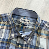 VINTAGE 00s BARBOUR CHECKERED CROPPED SHORT SLEEVE BUTTON UP SHIRT BLUE