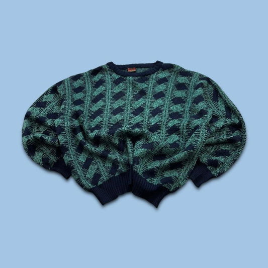 VINTAGE 90s MODA GIOVIANE GRAPHIC PATTERN KNITTED JUMPER NAVY GREEN