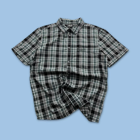 VINTAGE Y2K JACK WOLFSKIN CHECKERED SHORT SLEEVE BUTTON UP SHIRT BLACK