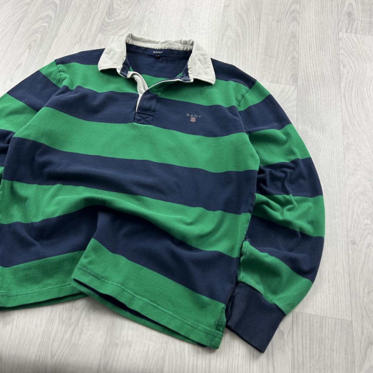 VINTAGE Y2K GANT STRIPED LONG SLEEVE RUGBY POLO SHIRT GREEN NAVY