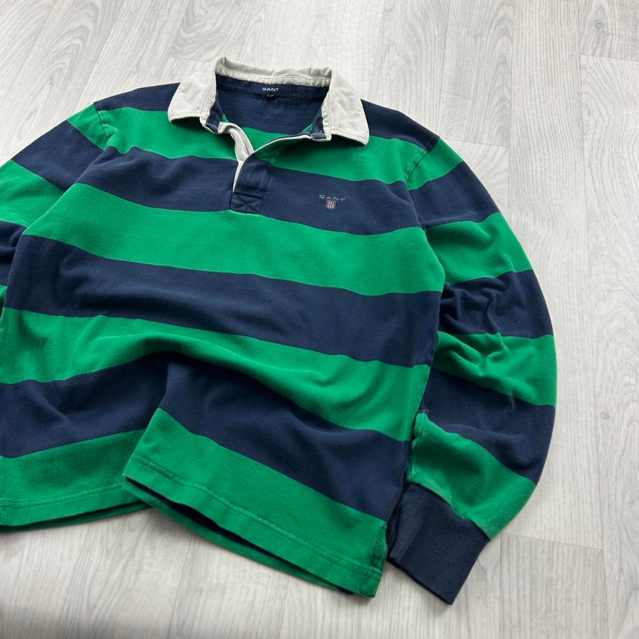 VINTAGE Y2K GANT STRIPED LONG SLEEVE RUGBY POLO SHIRT GREEN NAVY
