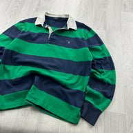 VINTAGE Y2K GANT STRIPED LONG SLEEVE RUGBY POLO SHIRT GREEN NAVY