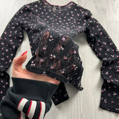 VINTAGE Y2K MESH FLORAL BUTTON CARDIGAN BLACK PINK