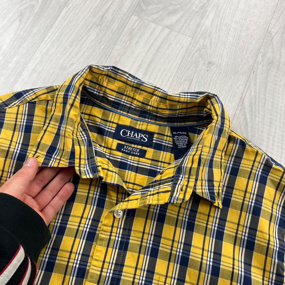 VINTAGE 00s CHAPS CHECKERED CROPPED LONG SLEEVE BUTTON UP SHIRT YELLOW