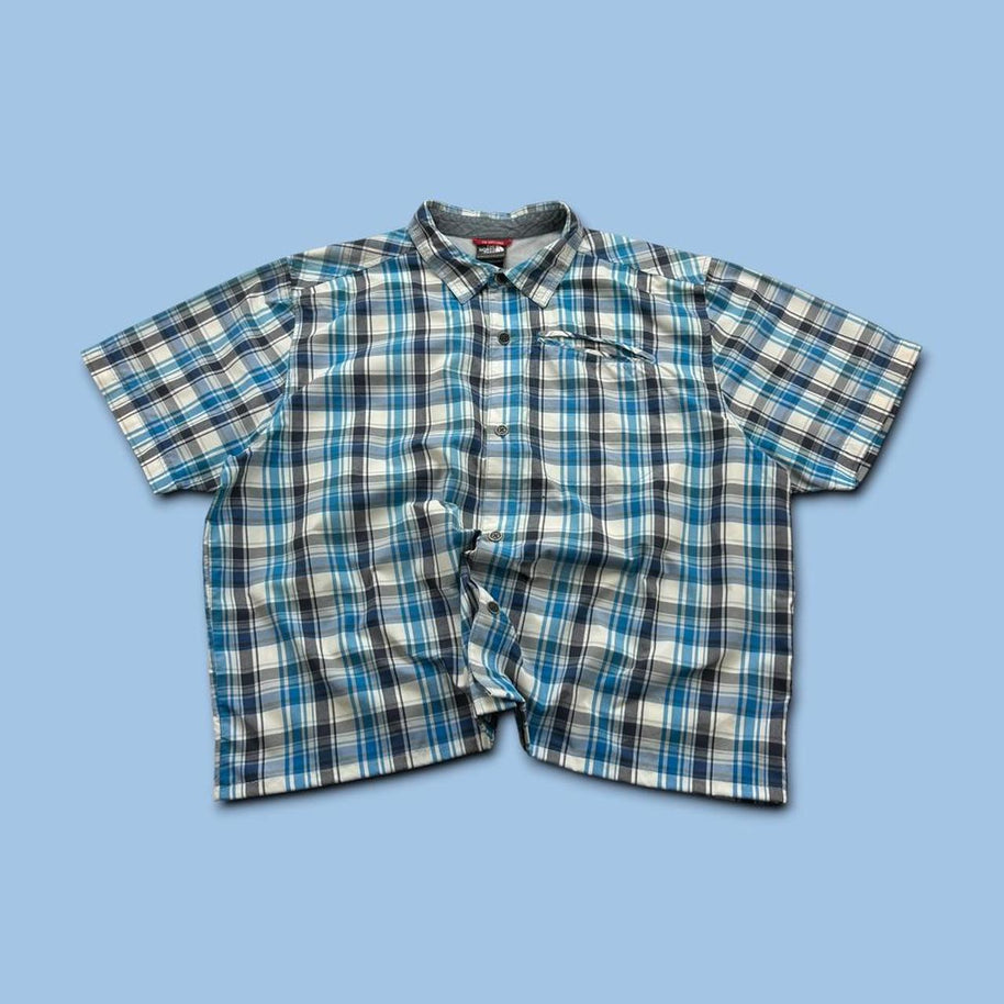 VINTAGE 00s THE NORTH FACE CHECKERED CROPPED SHORT SLEEVE BUTTON UP SHIRT BLUE