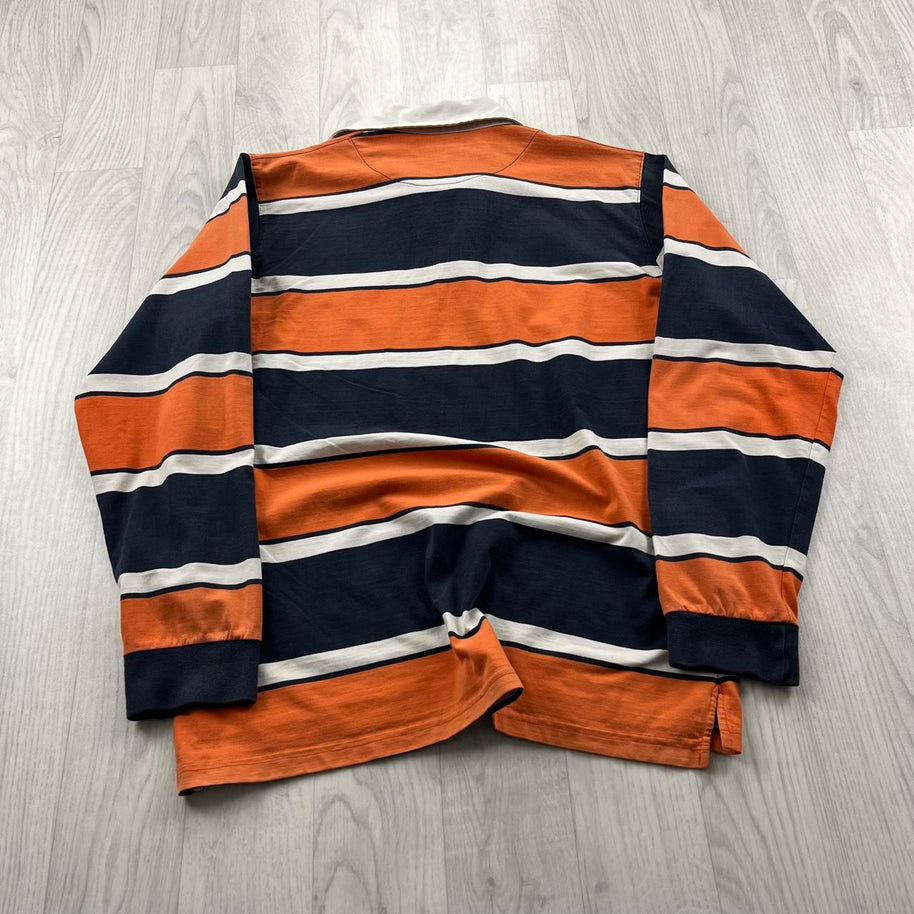 VINTAGE Y2K SMF STRIPED LONG SLEEVE RUGBY POLO SHIRT ORANGE / NAVY