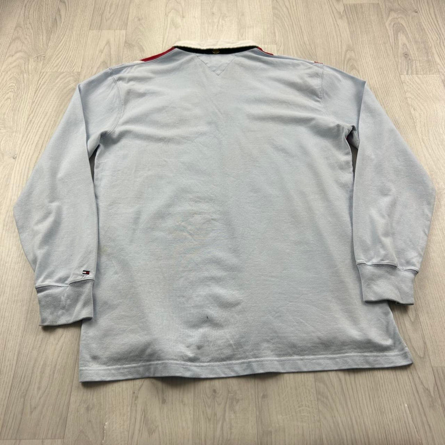 VINTAGE Y2K TOMMY HILFIGER STRIPED LONG SLEEVE RUGBY POLO SHIRT SKY BLUE / RED